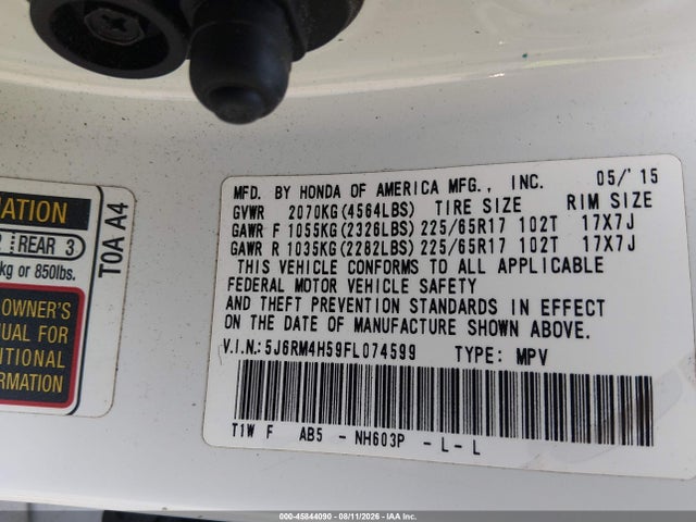 Honda CR-V EX 2015 5J6RM4H59FL074599 Image 9