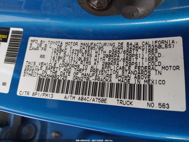 2005 Toyota Tacoma Prerunner V6 მანქანა იყიდება აუქციონზე, vin: 3TMKU72N45M002725, აუქციონის ნომერი: 45844107