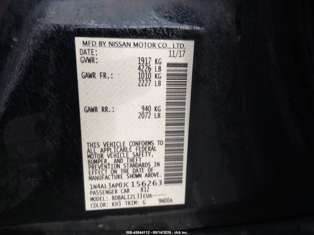 2018 Nissan Altima 2.5 Sv მანქანა იყიდება აუქციონზე, vin: 1N4AL3AP0JC156263, აუქციონის ნომერი: 45844112