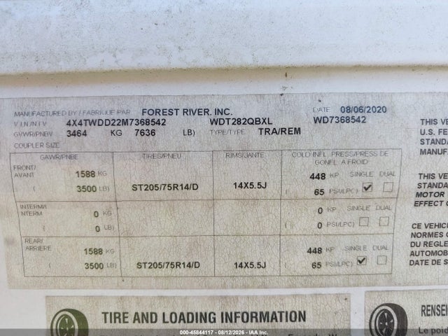 Продажа на аукционе авто 2021 Forest River Wildwood, vin: 4X4TWDD22M7368542, номер лота: 45844117