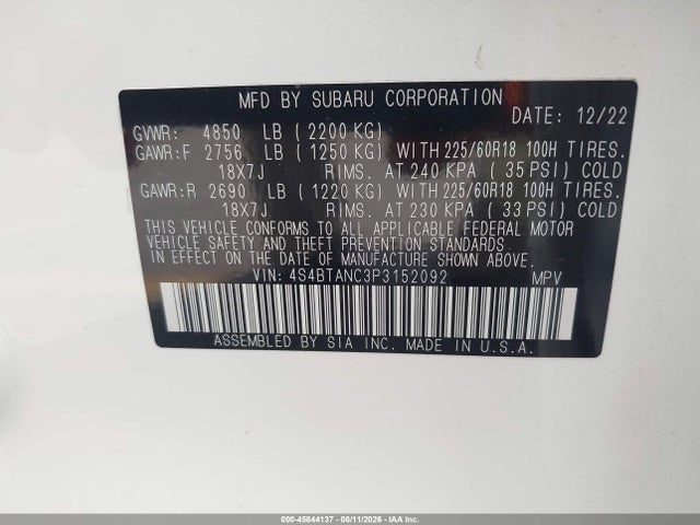 45844137 :رقم المزاد ، 4S4BTANC3P3152092 vin ، 2023 Subaru Outback Limited مزاد بيع