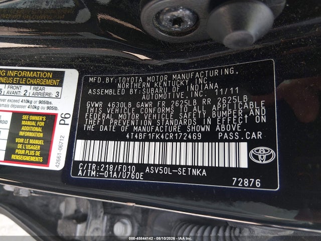 45844142 :رقم المزاد ، 4T4BF1FK4CR172469 vin ، 2012 Toyota Camry Le مزاد بيع