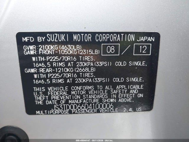 Auction sale of the 2013 Suzuki Grand Vitara Premium, vin: JS3TD0D66D4100006, lot number: 45844147
