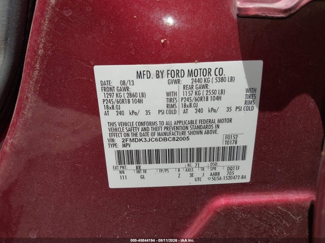 2013 Ford Edge Sel მანქანა იყიდება აუქციონზე, vin: 2FMDK3JC6DBC82005, აუქციონის ნომერი: 45844194
