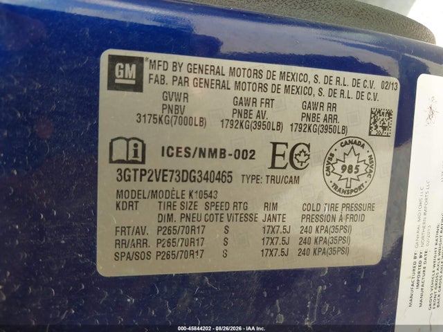 45844202 :رقم المزاد ، 3GTP2VE73DG340465 vin ، 2013 Gmc Sierra 1500 Sle مزاد بيع