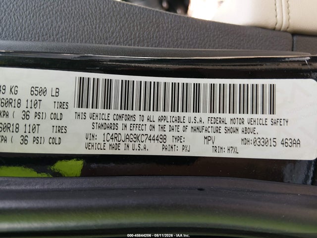 Продажа на аукционе авто 2019 Dodge Durango Sxt Awd, vin: 1C4RDJAG9KC744498, номер лота: 45844206