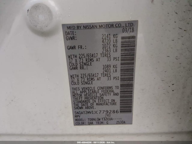 45844208 :رقم المزاد ، 5N1AT2MV1JC779286 vin ، 2018 Nissan Rogue Sv مزاد بيع