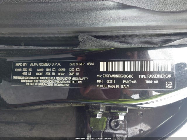 Auction sale of the 2019 Alfa Romeo Giulia Ti Sport Rwd, vin: ZARFAMBNXK7600466, lot number: 45844213
