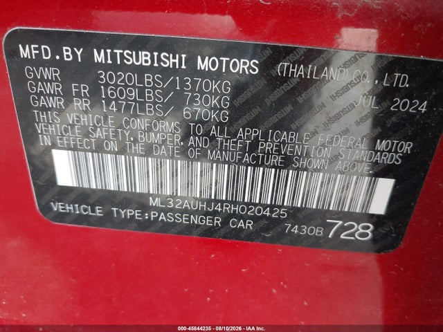 2024 Mitsubishi Mirage Es/le მანქანა იყიდება აუქციონზე, vin: ML32AUHJ4RH020425, აუქციონის ნომერი: 45844235