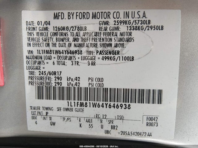 Продажа на аукционе авто 2004 Lincoln Town Car Executive, vin: 1L1FM81W64Y646938, номер лота: 45844268