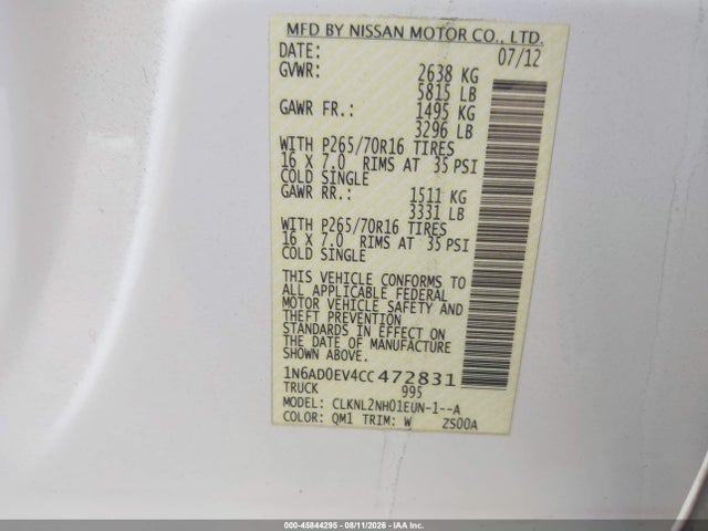 2012 Nissan Frontier Sv მანქანა იყიდება აუქციონზე, vin: 1N6AD0EV4CC472831, აუქციონის ნომერი: 45844295