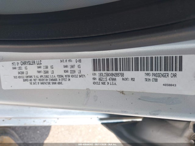45844302 :رقم المزاد ، 1B3LC56KX8N289768 vin ، 2008 Dodge Avenger Sxt مزاد بيع