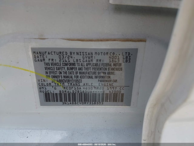 Aukcja sprzedaży 2024 Nissan Sentra Sv Xtronic Cvt, vin: 3N1AB8CV0RY318503, numer aukcji: 45844303