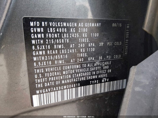 Продажа на аукционе авто 2016 Volkswagen Tiguan S, vin: WVGAV7AX9GW004819, номер лота: 45844325