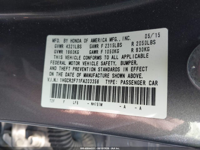 Продажа на аукционе авто 2015 Honda Accord Ex, vin: 1HGCR2F71FA203356, номер лота: 45844331