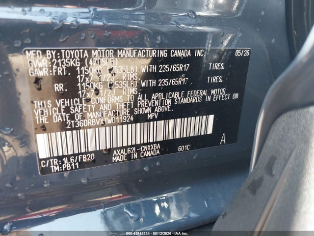 45844334 :رقم المزاد ، 2T36DRBVXTW011924 vin ، 2026 Toyota Rav4 Le مزاد بيع