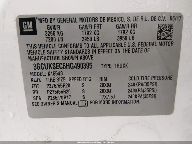 Aukcja sprzedaży 2017 Chevrolet Silverado 1500 Ltz, vin: 3GCUKSEC6HG490395, numer aukcji: 45844335