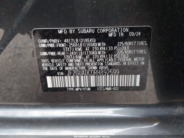 Aukcja sprzedaży 2024 Subaru Crosstrek Premium, vin: JF2GUADC0RH892599, numer aukcji: 45844346