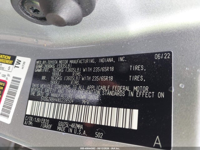 Aukcja sprzedaży 2022 Toyota Highlander Xle, vin: 5TDGZRBH4NS228504, numer aukcji: 45844362