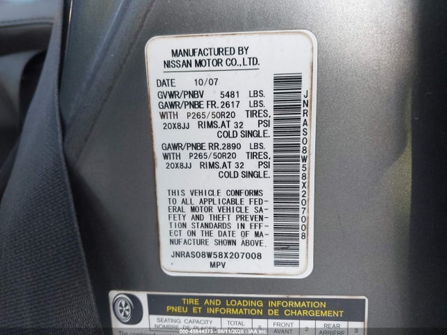 Продажа на аукционе авто 2008 Infiniti Fx35, vin: JNRAS08W58X207008, номер лота: 45844373