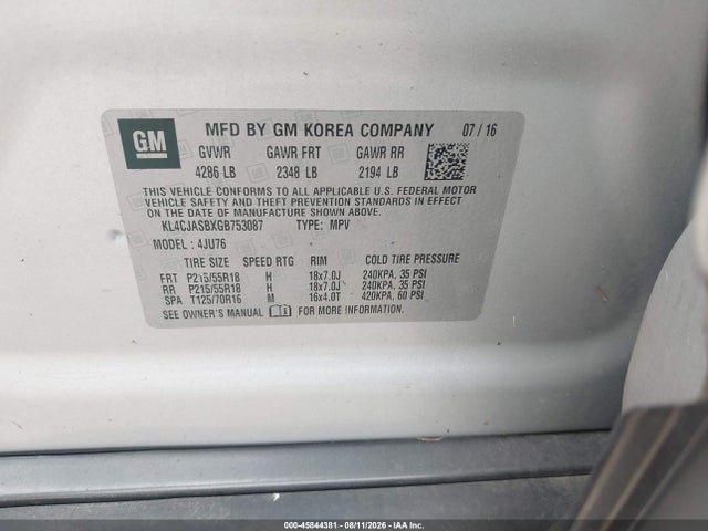 Продаж на аукціоні авто 2016 Buick Encore, vin: KL4CJASBXGB753087, номер лоту: 45844381