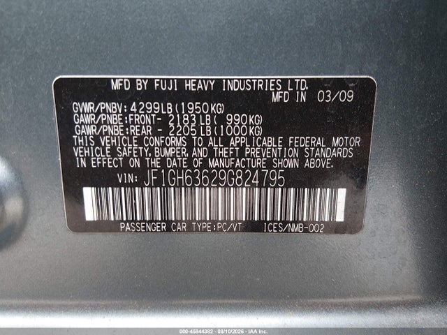 45844382 :رقم المزاد ، JF1GH63629G824795 vin ، 2009 Subaru Impreza Outback Sport مزاد بيع