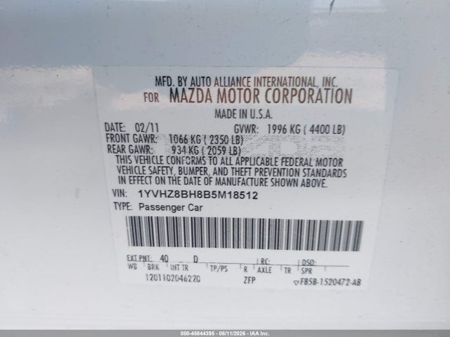 Продажа на аукционе авто 2011 Mazda Mazda6 I Sport, vin: 1YVHZ8BH8B5M18512, номер лота: 45844395