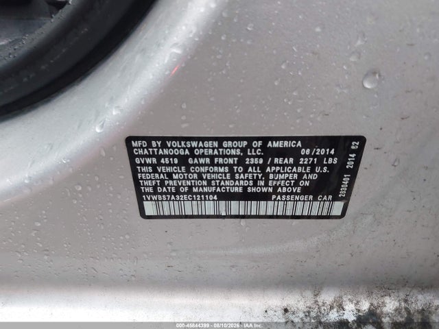 2014 Volkswagen Passat 1.8t Se მანქანა იყიდება აუქციონზე, vin: 1VWBS7A32EC121104, აუქციონის ნომერი: 45844399