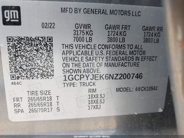 Aukcja sprzedaży 2022 Chevrolet Silverado 1500 Ltd 4wd  Short Bed Lt With 2fl, vin: 1GCPYJEK6NZ200746, numer aukcji: 45844410