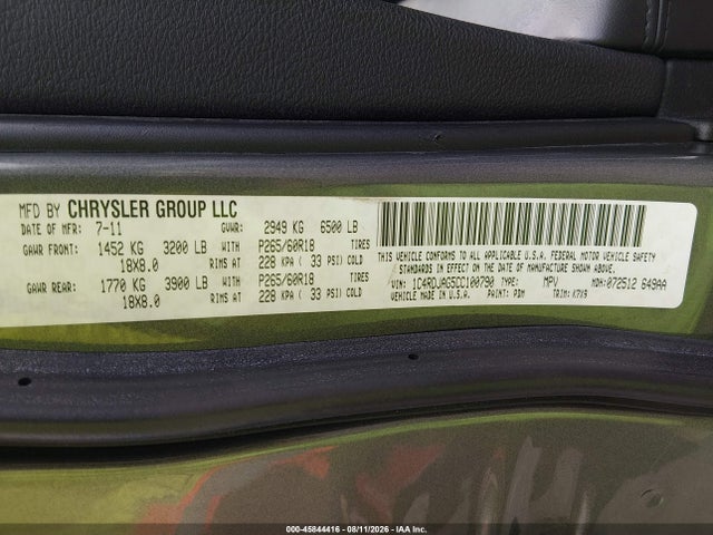 2012 Dodge Durango Sxt მანქანა იყიდება აუქციონზე, vin: 1C4RDJAG5CC100790, აუქციონის ნომერი: 45844416