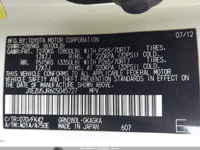 Продаж на аукціоні авто 2012 Toyota 4runner Sr5, vin: JTEZU5JR6C5045727, номер лоту: 45844438