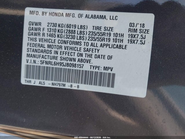 2018 Honda Odyssey Elite მანქანა იყიდება აუქციონზე, vin: 5FNRL6H95JB098157, აუქციონის ნომერი: 45844444