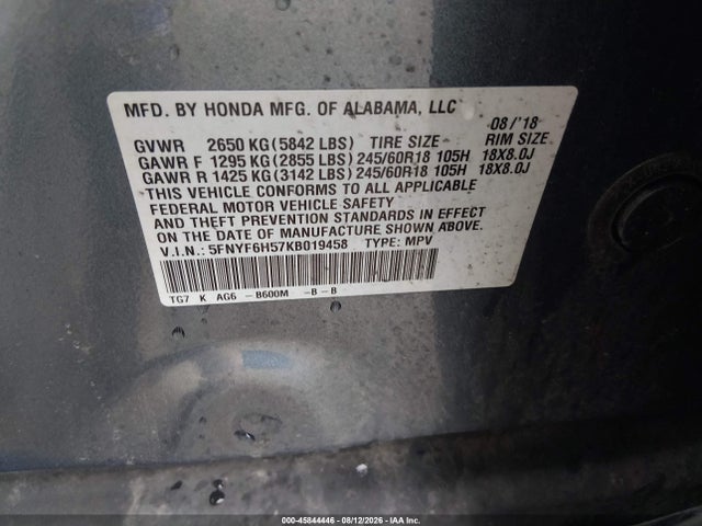 Продаж на аукціоні авто 2019 Honda Pilot Ex-l, vin: 5FNYF6H57KB019458, номер лоту: 45844446