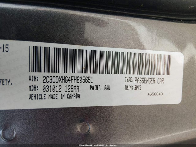 2015 Dodge Charger Sxt მანქანა იყიდება აუქციონზე, vin: 2C3CDXHG4FH805651, აუქციონის ნომერი: 45844473