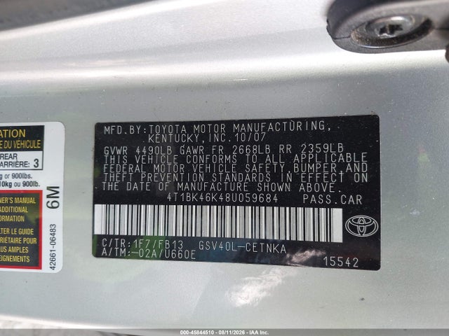 Продаж на аукціоні авто 2008 Toyota Camry Le, vin: 4T1BK46K48U059684, номер лоту: 45844510
