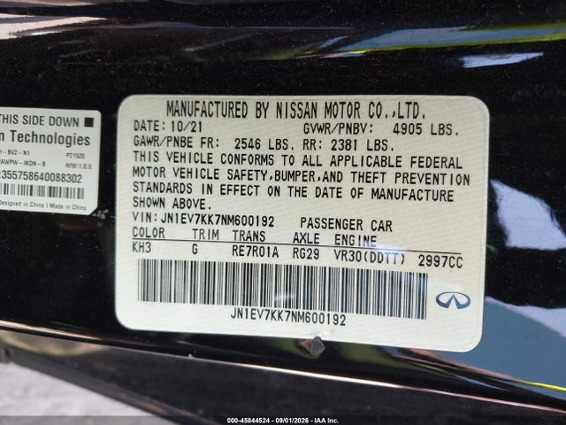 Aukcja sprzedaży 2022 Infiniti Q60 Luxe, vin: JN1EV7KK7NM600192, numer aukcji: 45844524
