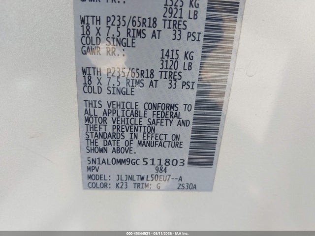 Aukcja sprzedaży 2016 Infiniti Qx60, vin: 5N1AL0MM9GC511803, numer aukcji: 45844531