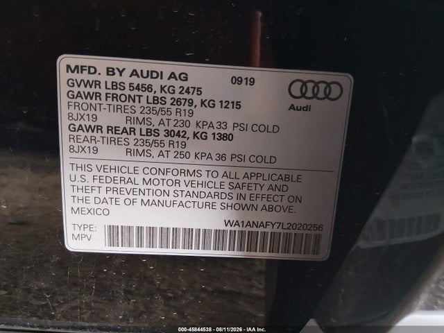 45844538 :رقم المزاد ، WA1ANAFY7L2020256 vin ، 2020 Audi Q5 Premium 45 Tfsi Quattro S Tronic مزاد بيع