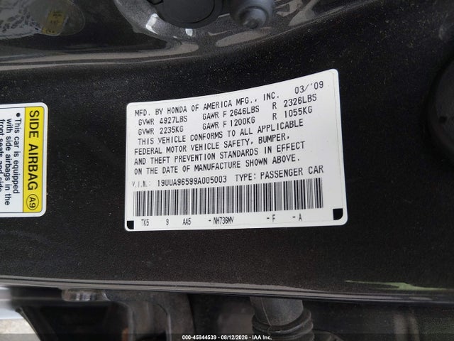 45844539 :رقم المزاد ، 19UUA96599A005003 vin ، 2009 Acura Tl مزاد بيع
