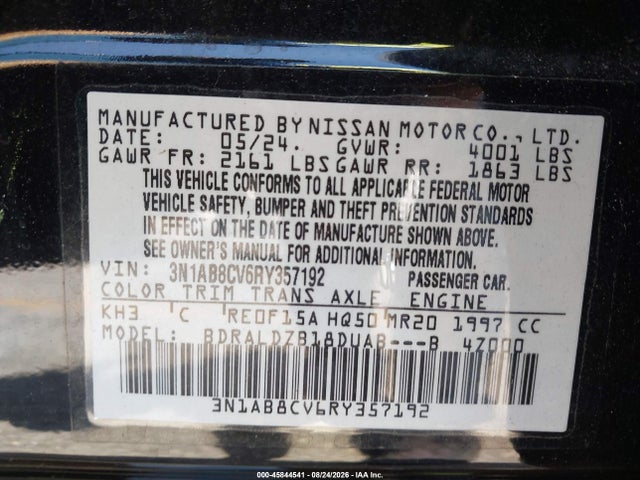 2024 Nissan Sentra Sv Xtronic Cvt მანქანა იყიდება აუქციონზე, vin: 3N1AB8CV6RY357192, აუქციონის ნომერი: 45844541