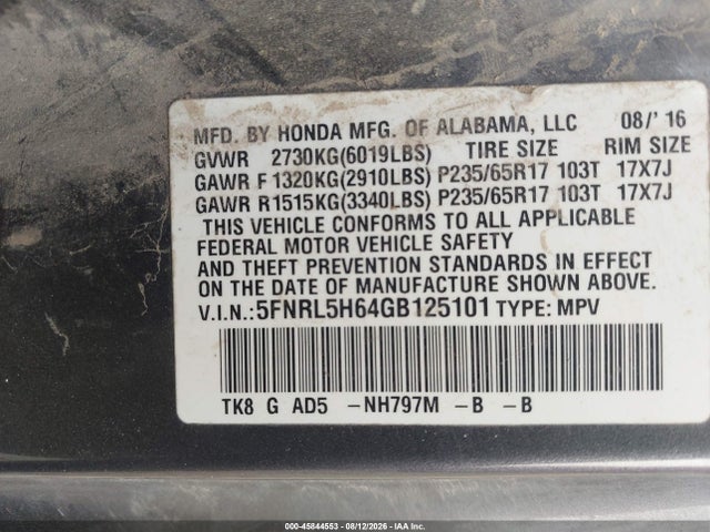 2016 Honda Odyssey Ex-l მანქანა იყიდება აუქციონზე, vin: 5FNRL5H64GB125101, აუქციონის ნომერი: 45844553