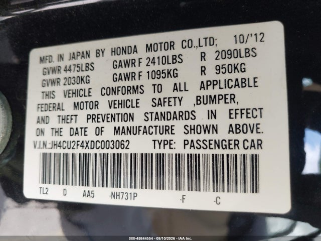 Aukcja sprzedaży 2013 Acura Tsx 2.4, vin: JH4CU2F4XDC003062, numer aukcji: 45844554
