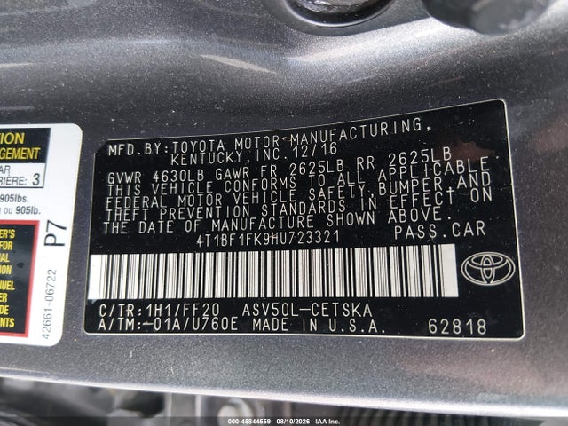 2017 Toyota Camry Se მანქანა იყიდება აუქციონზე, vin: 4T1BF1FK9HU723321, აუქციონის ნომერი: 45844559