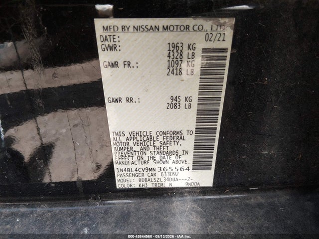 Продажа на аукционе авто 2021 Nissan Altima Sr Fwd, vin: 1N4BL4CV9MN365564, номер лота: 45844560