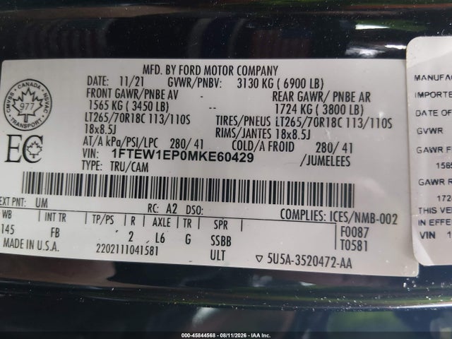 45844568 :رقم المزاد ، 1FTEW1EP0MKE60429 vin ، 2021 Ford F-150 Xlt مزاد بيع