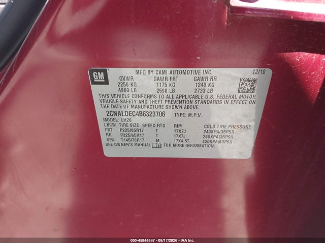Aukcja sprzedaży 2011 Chevrolet Equinox Lt W/1lt, vin: 2CNALDEC4B6323706, numer aukcji: 45844587