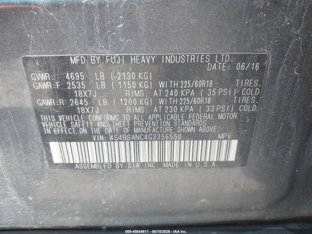 Aukcja sprzedaży 2016 Subaru Outback 2.5i Limited, vin: 4S4BSANC4G3356550, numer aukcji: 45844611