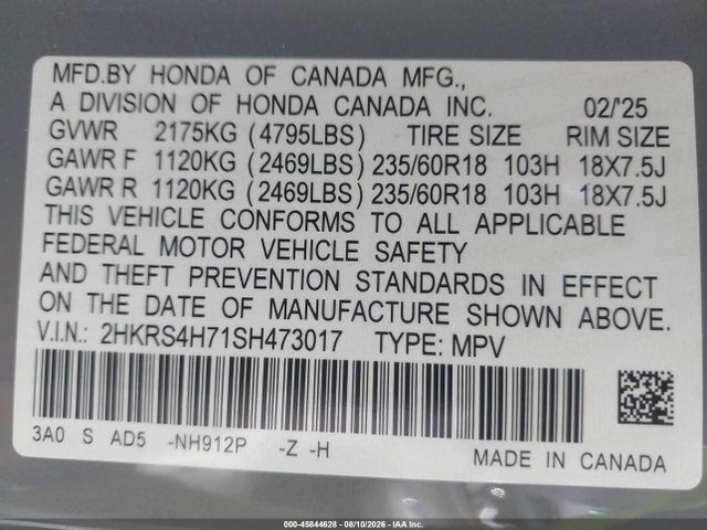 Продажа на аукционе авто 2025 Honda Cr-v Ex-l Awd, vin: 2HKRS4H71SH473017, номер лота: 45844628