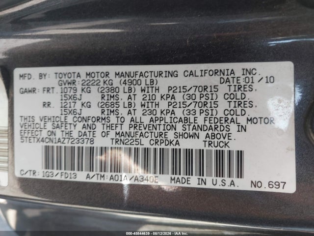 2010 Toyota Tacoma მანქანა იყიდება აუქციონზე, vin: 5TETX4CN1AZ723378, აუქციონის ნომერი: 45844639