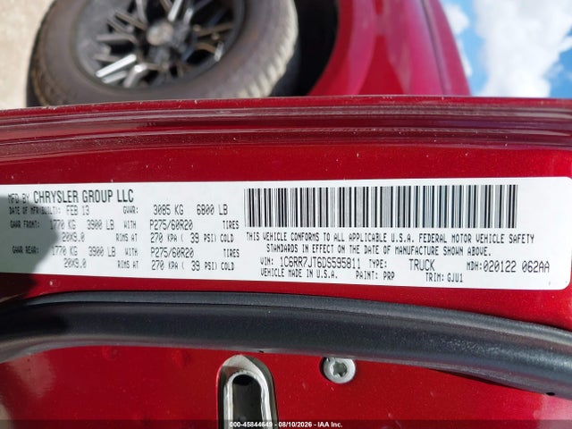 2013 Ram 1500 Laramie მანქანა იყიდება აუქციონზე, vin: 1C6RR7JT6DS595811, აუქციონის ნომერი: 45844649